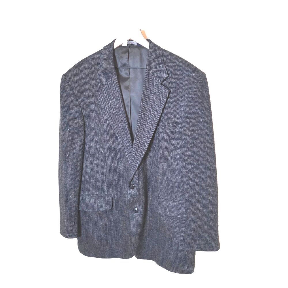 Lands End Gray Houndstooth Tweed Wool & Lambswool Blazer Mens Sz 44R